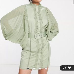 ASOS DESIGN mini dress with pleated sleeve and guipure lace trim. Size 12.